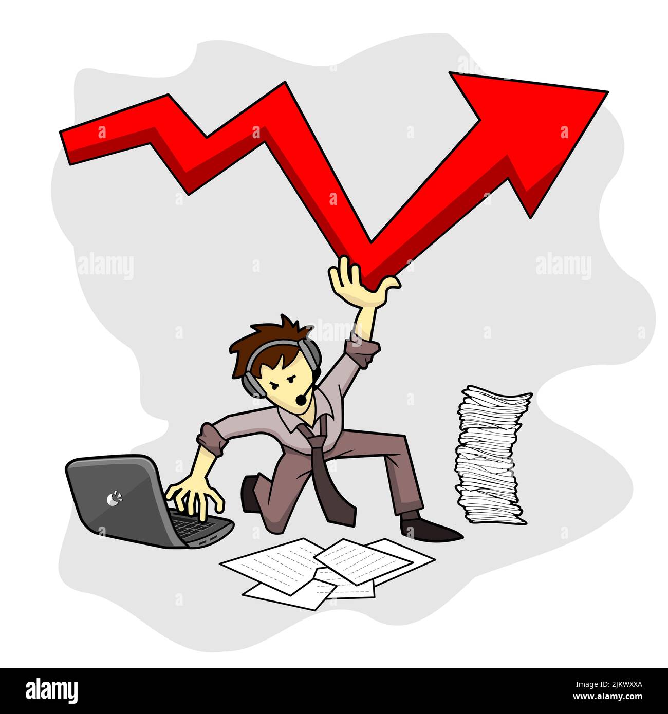 The cartoon character working on the laptop and holding the graph - smart manager Stock Vector
