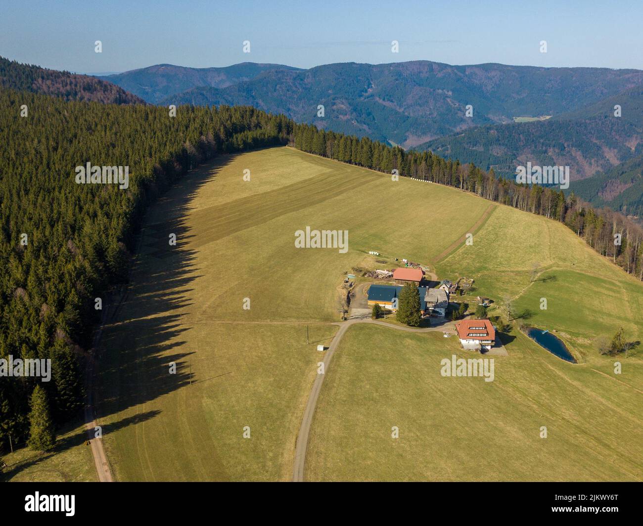 An aerial view of farms in Blackforest, Schwarzwald, Germany, Freiburg, Sant Peter Stock Photo