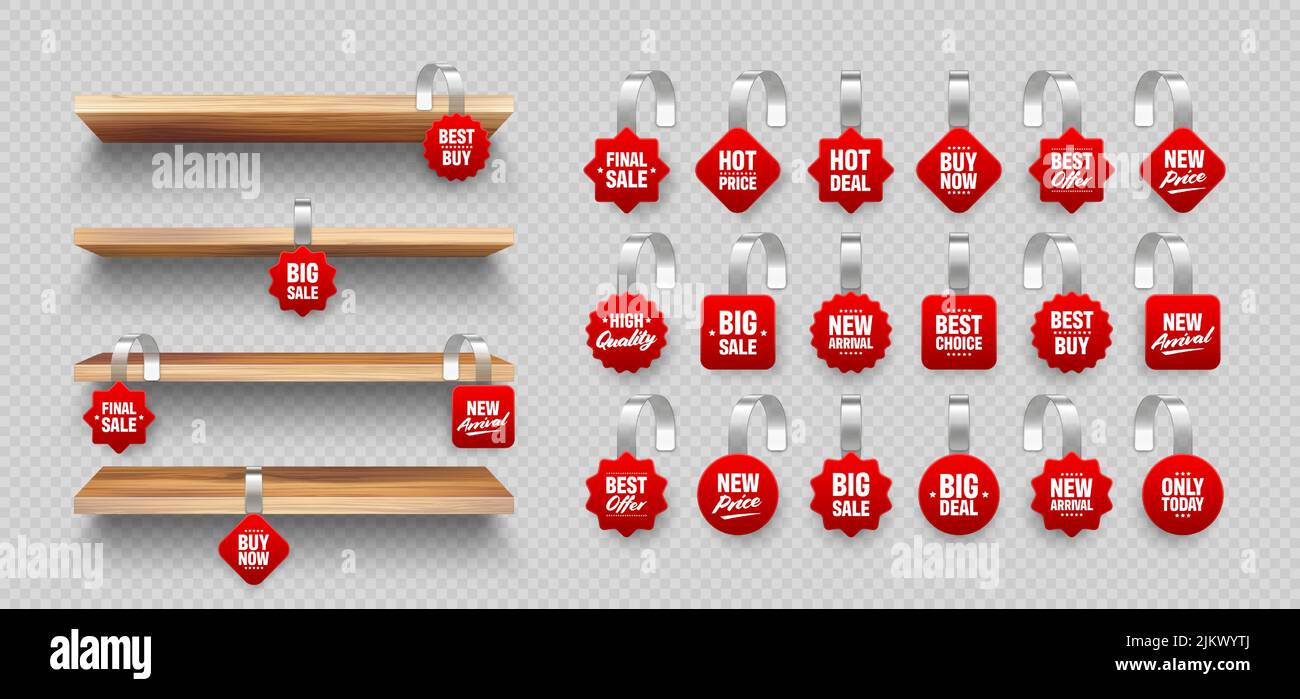 Wooden store shelves with supermarket promotional wobblers. Product