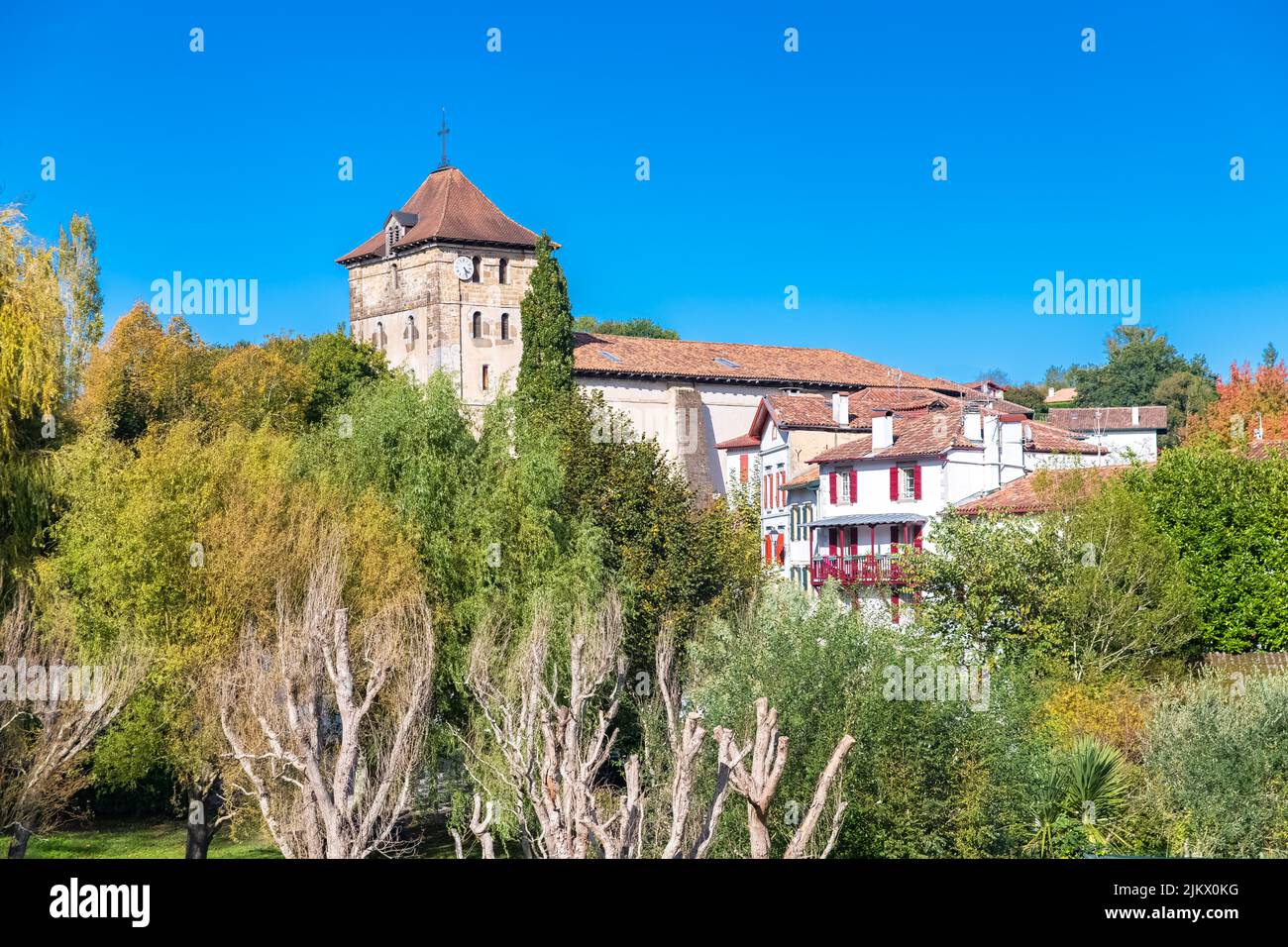The typical church in the village of Ainhoa in the Basque country ...