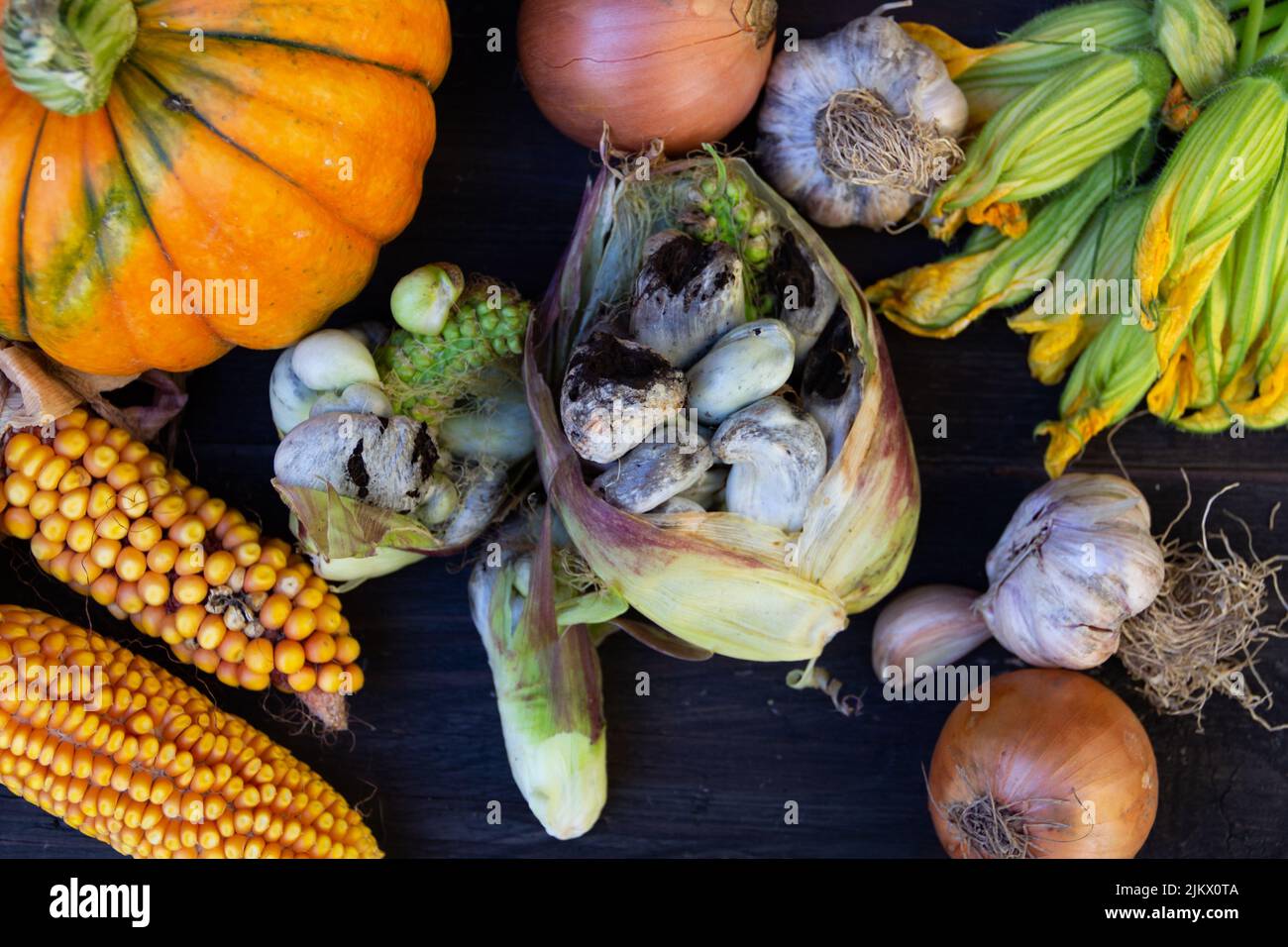 table with ingredients to cook the huitlacoche Stock Photo