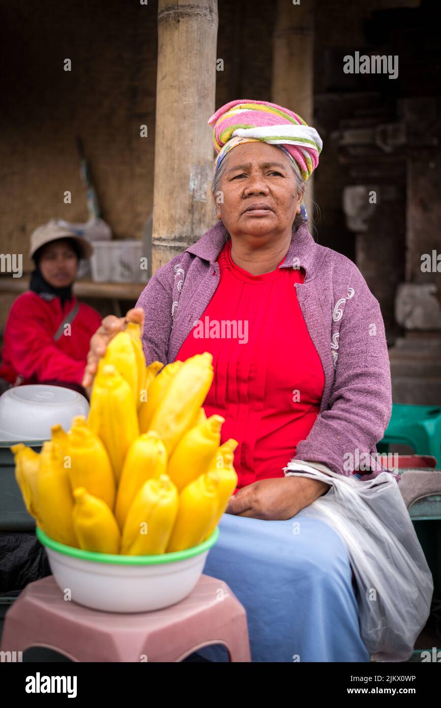 A vertical shot of an Elderly Balinese Lady in red selling bright yellow corn in Bali, Indonesia Stock Photo