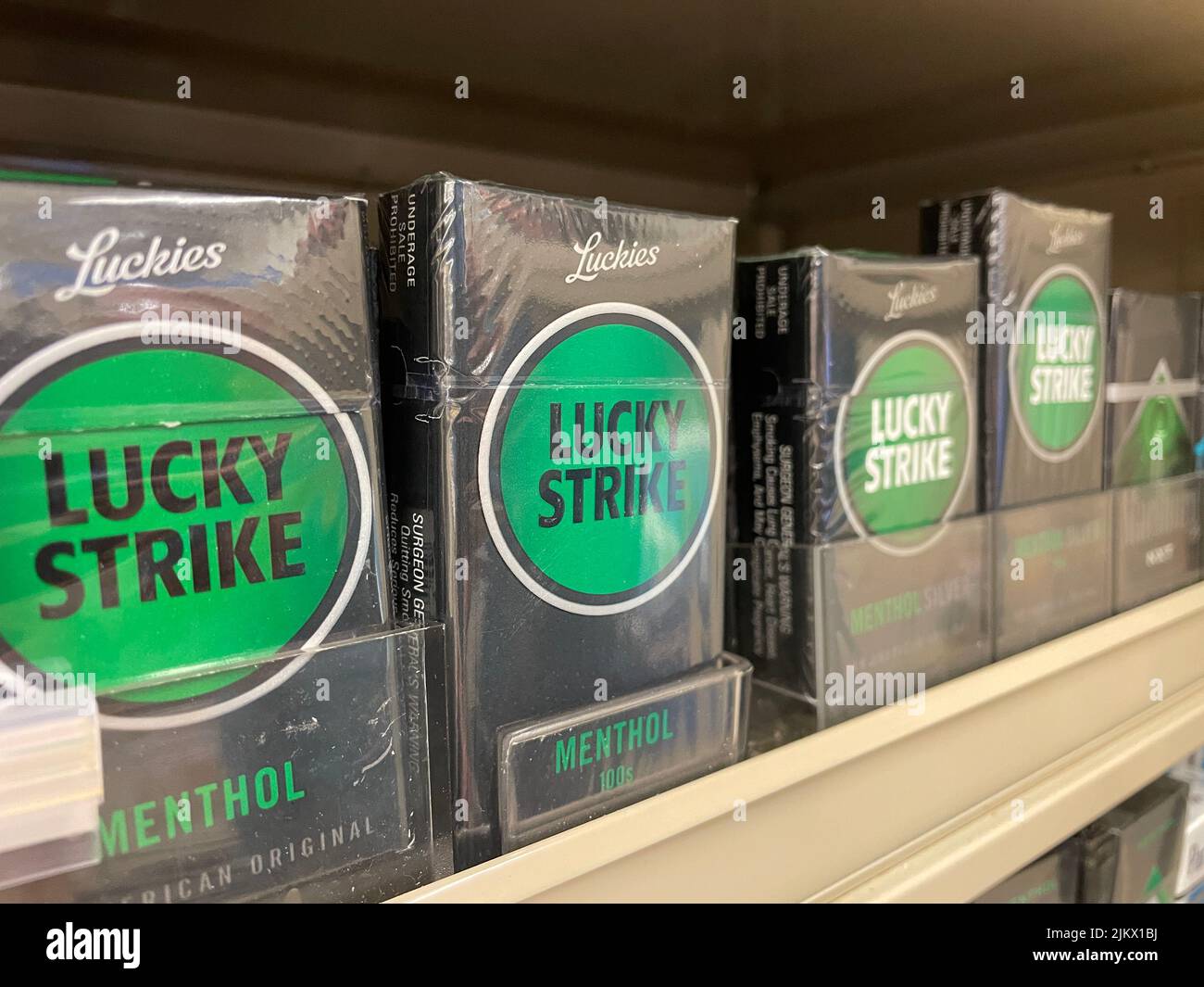 Grovetown, Ga USA - 03 20 22: Cigarette products on a retail store shelf Lucky Strike menthol Stock Photo