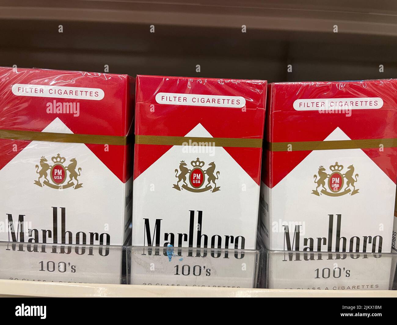 Grovetown, Ga USA - 03 20 22: Cigarette products on a retail store shelf Marlboro red box Stock Photo