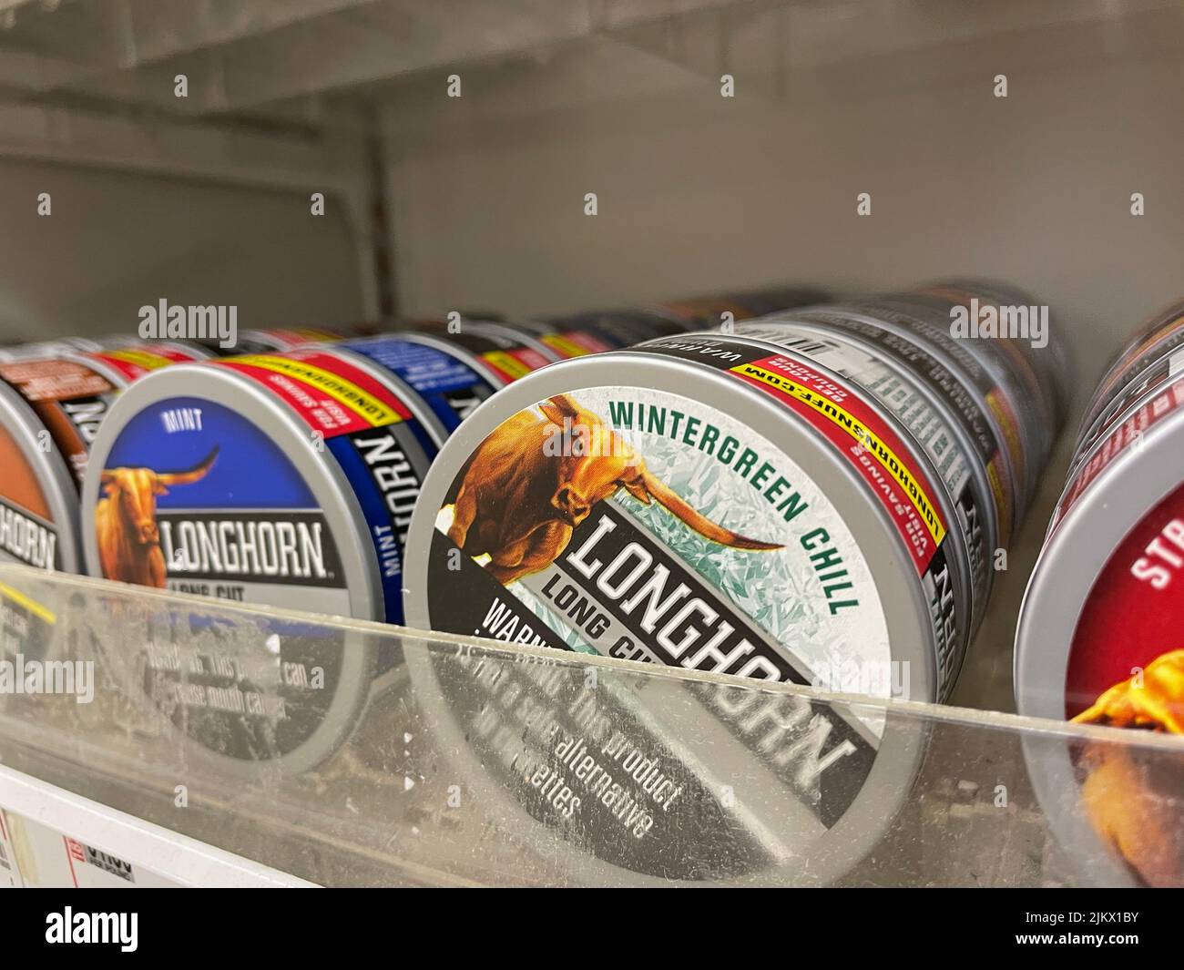 Grovetown, Ga USA 03 20 22 Smokeless tobacco products on a retail store shelf Longhorn Stock