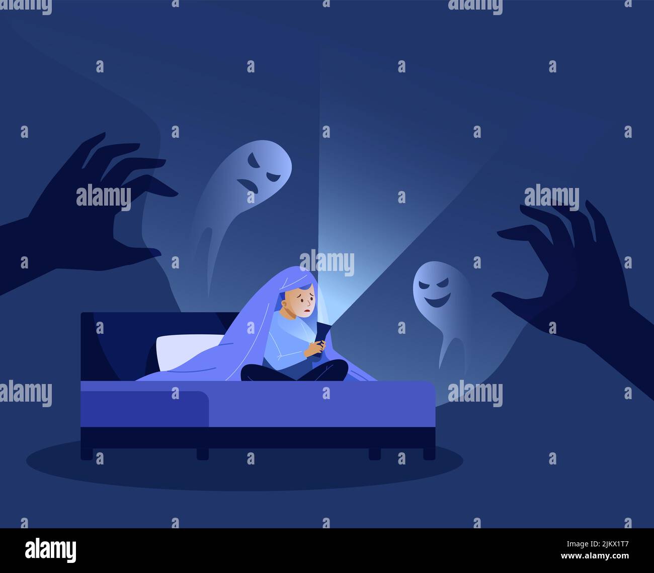 Children nightmares. Anxiety kid under blanket scared of monster bed
