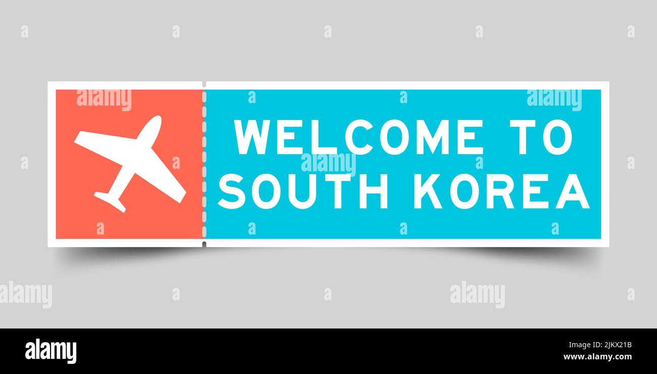 Orange and blue color ticket with plane icon and word to south