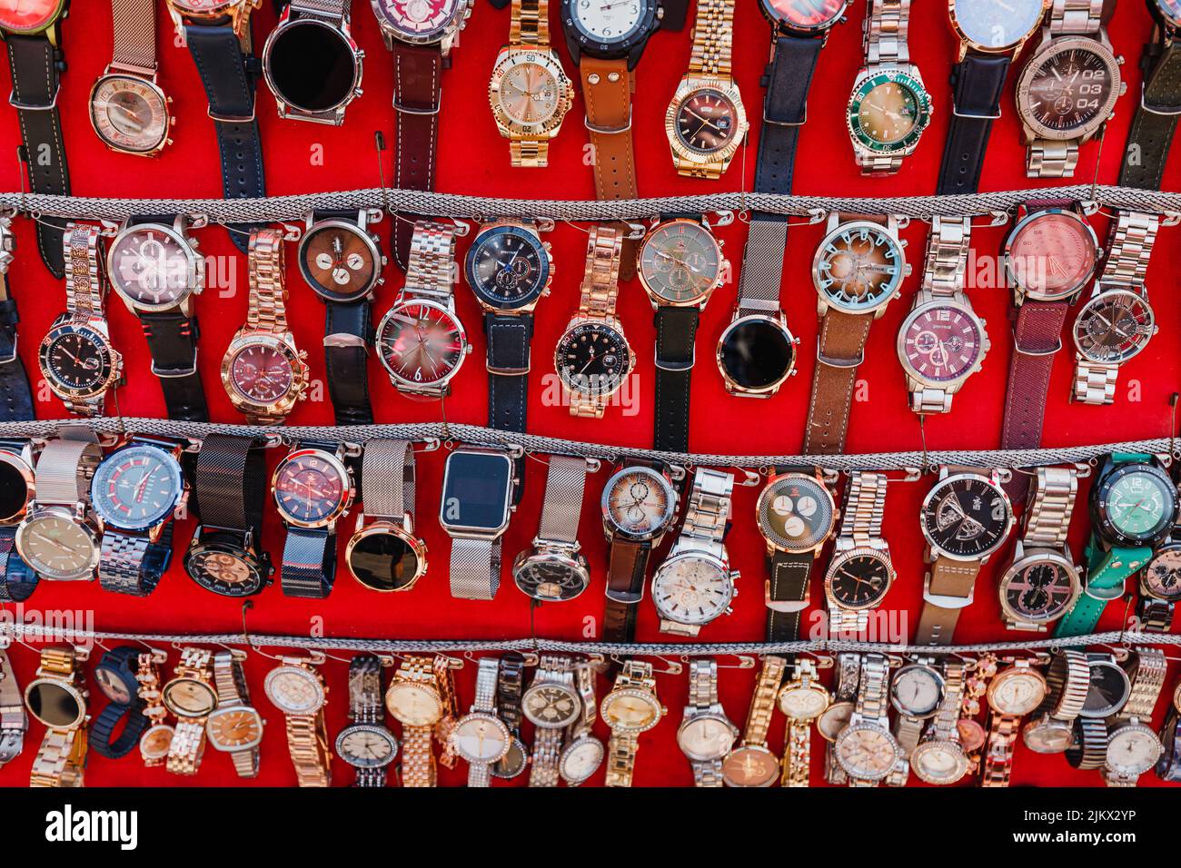 20 June 2022, Antalya, Turkey: Many vintage retro and modern wristwaches and clocks for sale at street market Stock Photo