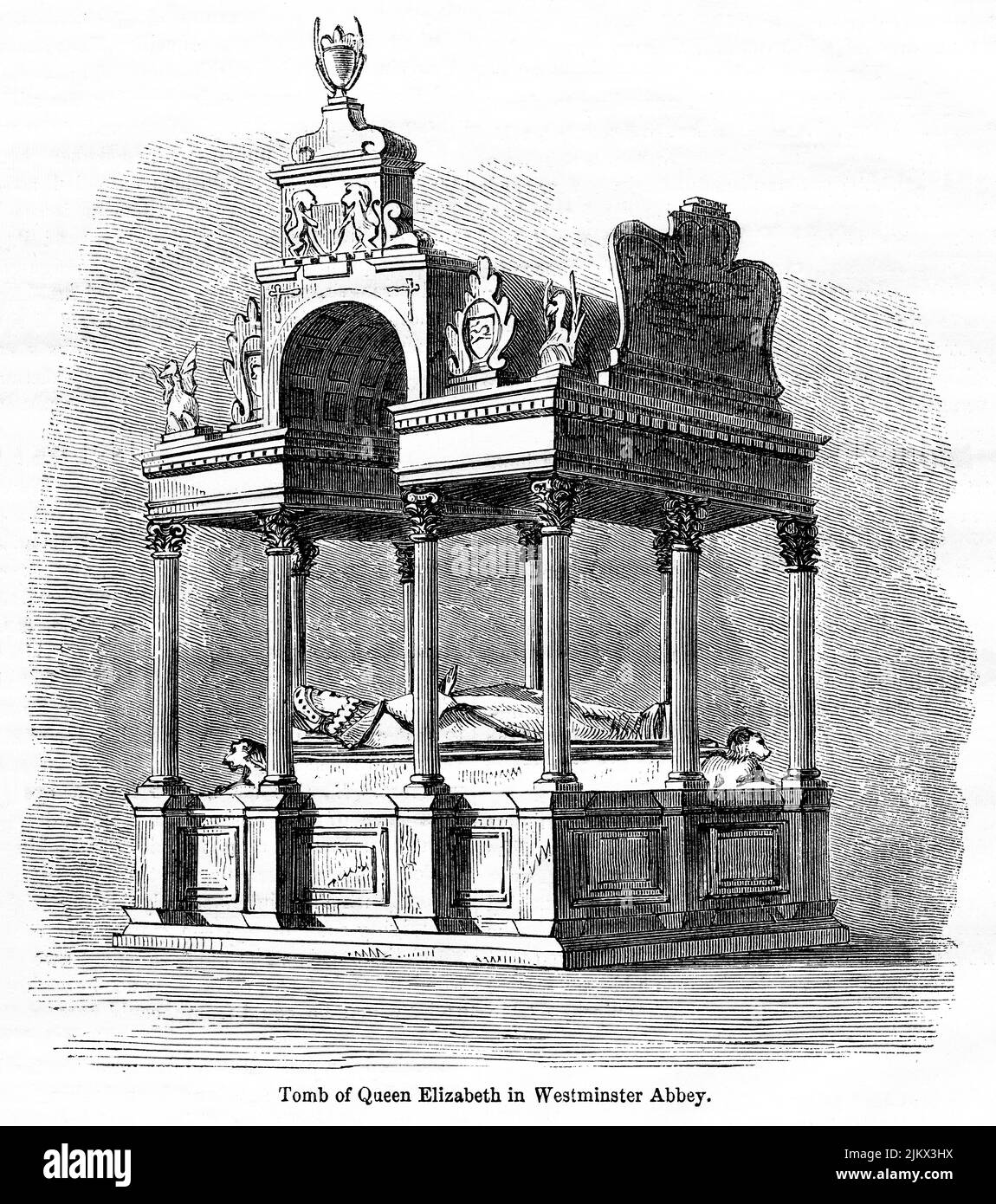 Tomb of Queen Elizabeth in Westminster Abbey, Illustration from the Book, 'John Cassel’s Illustrated History of England, Volume II', text by William Howitt, Cassell, Petter, and Galpin, London, 1858 Stock Photo