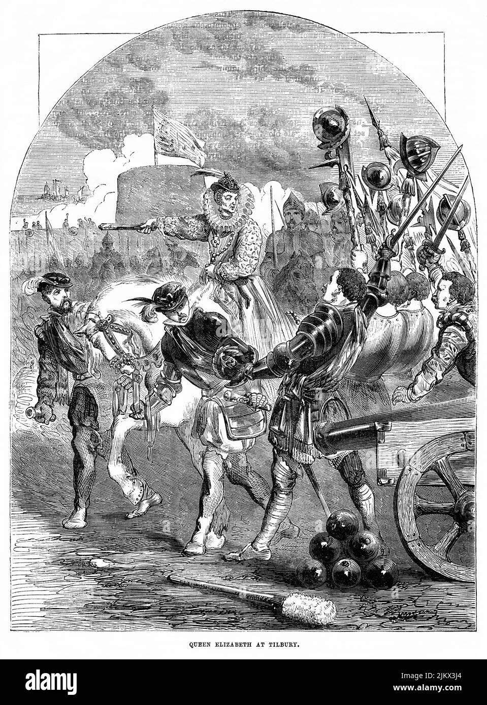 Queen Elizabeth at Tilbury, Illustration from the Book, 'John Cassel’s Illustrated History of England, Volume II', text by William Howitt, Cassell, Petter, and Galpin, London, 1858 Stock Photo