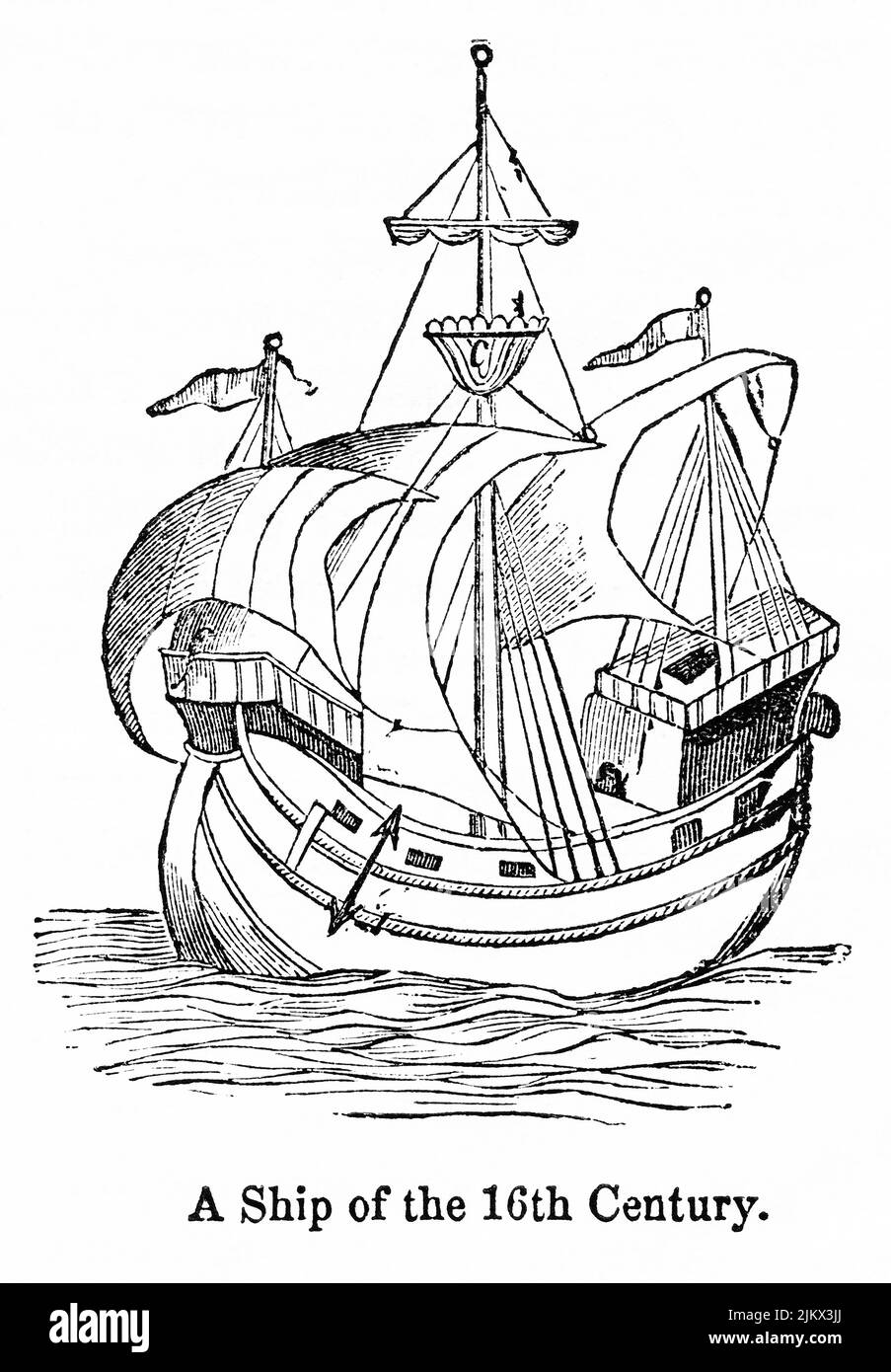A Ship of the 16th Century, Illustration from the Book, 'John Cassel’s Illustrated History of England, Volume II', text by William Howitt, Cassell, Petter, and Galpin, London, 1858 Stock Photo
