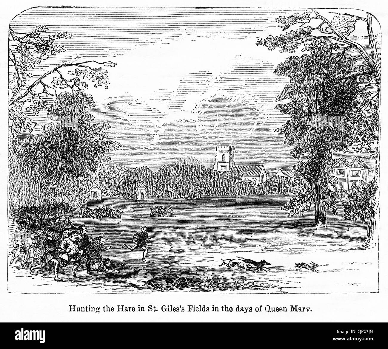 Hunting the Hare in St. Giles’s Fields in the days of Queen Mary, Illustration from the Book, 'John Cassel’s Illustrated History of England, Volume II', text by William Howitt, Cassell, Petter, and Galpin, London, 1858 Stock Photo
