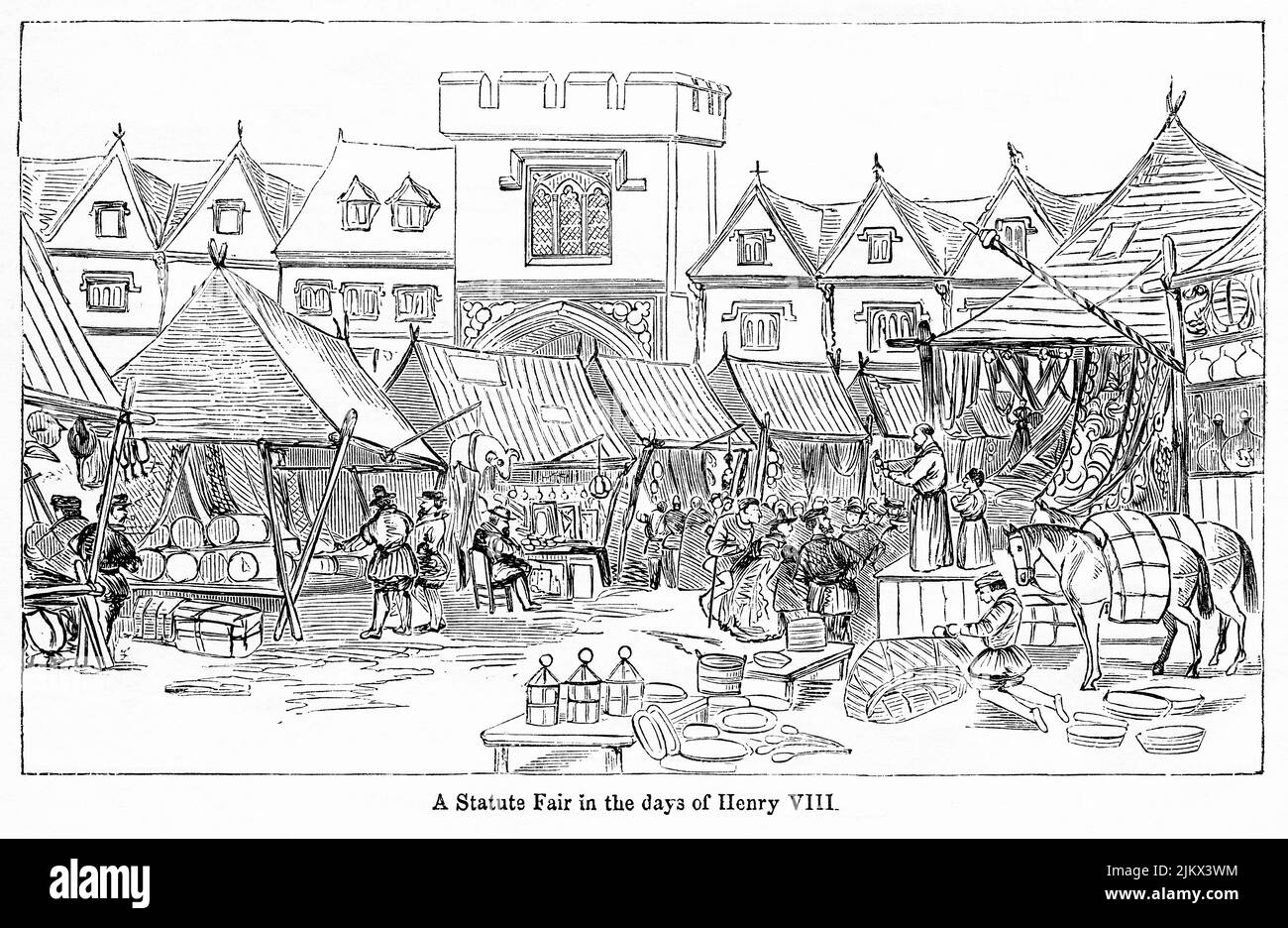 A Statute Fair in the days of Henry VIII, Illustration from the Book, 'John Cassel’s Illustrated History of England, Volume II', text by William Howitt, Cassell, Petter, and Galpin, London, 1858 Stock Photo