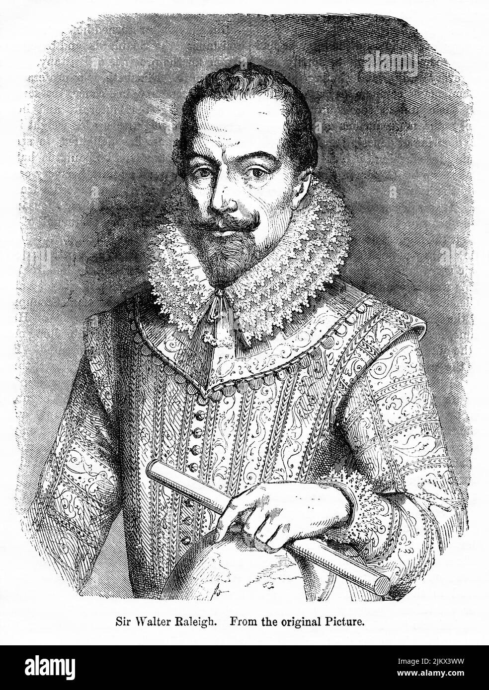 Sir Walter Raleigh, Illustration from the Book, 'John Cassel’s Illustrated History of England, Volume II', text by William Howitt, Cassell, Petter, and Galpin, London, 1858 Stock Photo