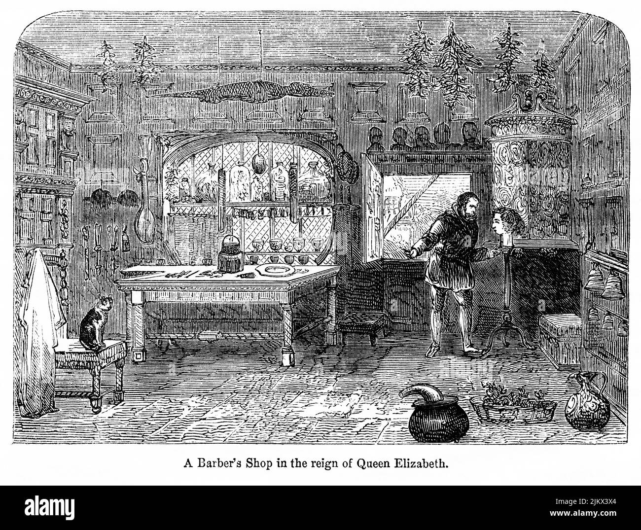 A Barber’s Shop in the reign of Queen Elizabeth, Illustration from the Book, 'John Cassel’s Illustrated History of England, Volume II', text by William Howitt, Cassell, Petter, and Galpin, London, 1858 Stock Photo