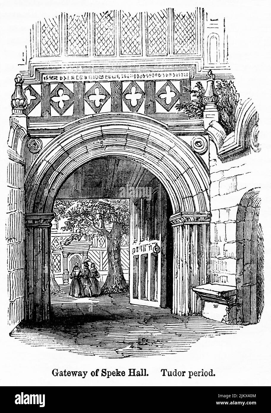 Gateway of Speke Hall,  Tudor Period, Illustration from the Book, 'John Cassel’s Illustrated History of England, Volume II', text by William Howitt, Cassell, Petter, and Galpin, London, 1858 Stock Photo