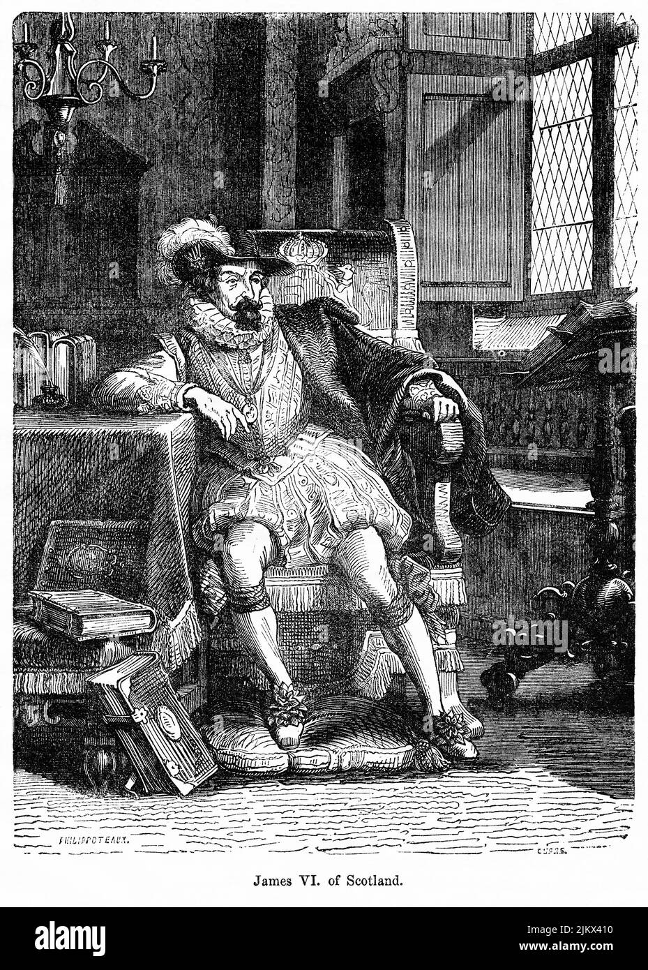 James VI of Scotland, Illustration from the Book, 'John Cassel’s Illustrated History of England, Volume II', text by William Howitt, Cassell, Petter, and Galpin, London, 1858 Stock Photo