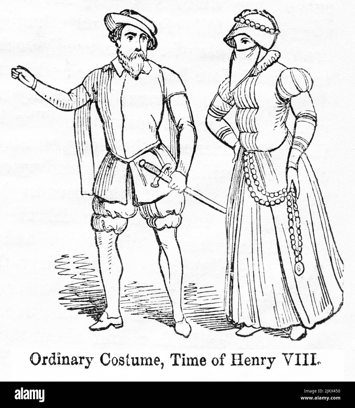 Ordinary Costume, Time of Henry VIII, Illustration from the Book, 'John Cassel’s Illustrated History of England, Volume II', text by William Howitt, Cassell, Petter, and Galpin, London, 1858 Stock Photo
