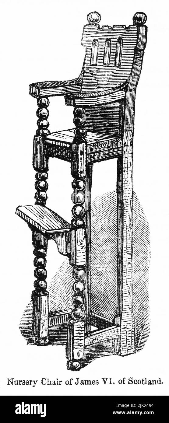 Nursery Chair of James VI of Scotland, Illustration from the Book, 'John Cassel’s Illustrated History of England, Volume II', text by William Howitt, Cassell, Petter, and Galpin, London, 1858 Stock Photo