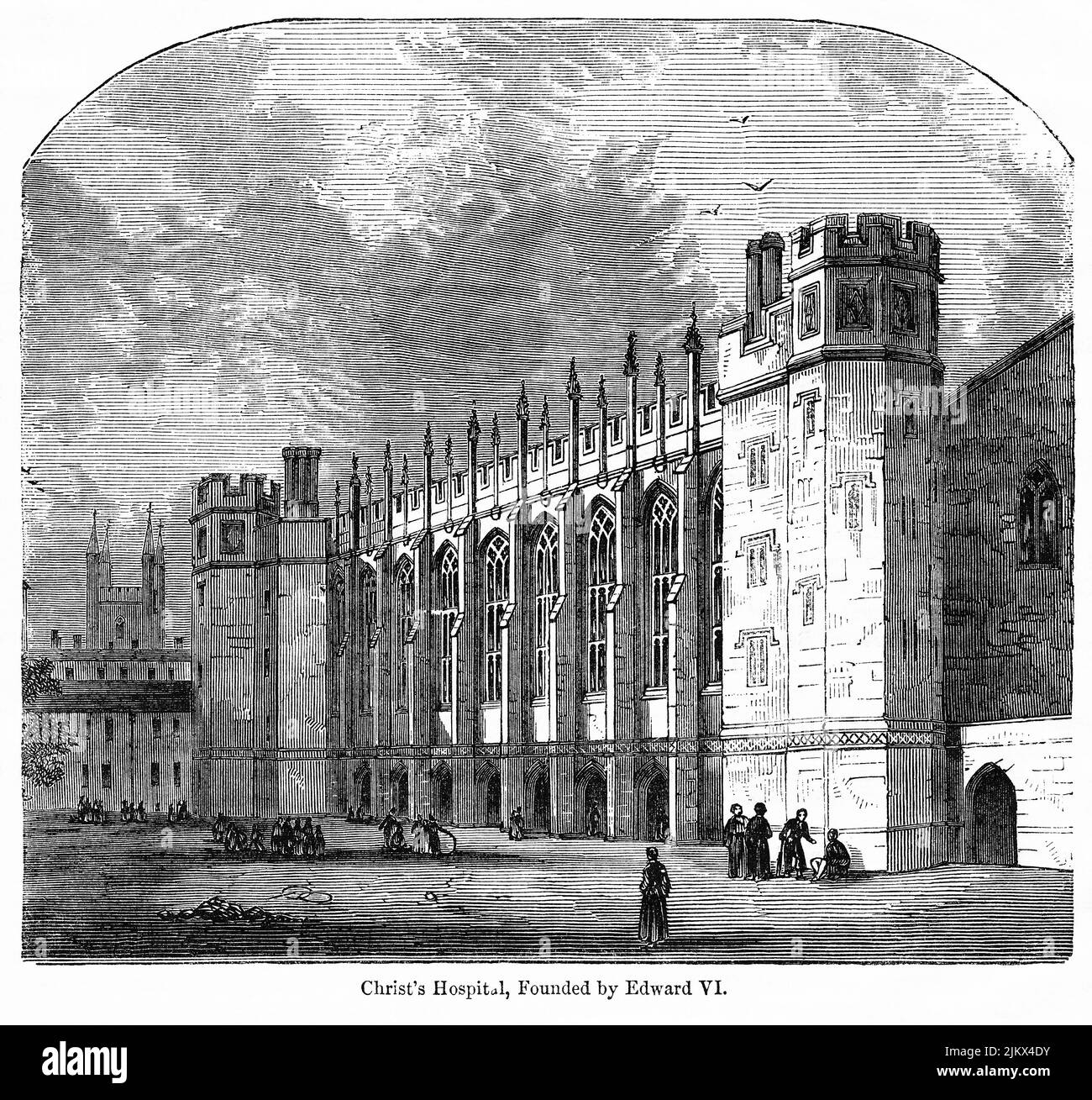 Christ's Hospital, founded by Edward VI, Illustration from the Book, 'John Cassel’s Illustrated History of England, Volume II', text by William Howitt, Cassell, Petter, and Galpin, London, 1858 Stock Photo