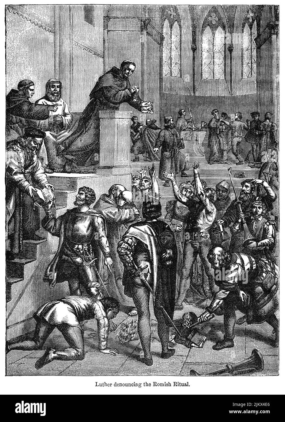 Luther denouncing the Romish Ritual, Illustration from the Book, 'John Cassel’s Illustrated History of England, Volume II', text by William Howitt, Cassell, Petter, and Galpin, London, 1858 Stock Photo