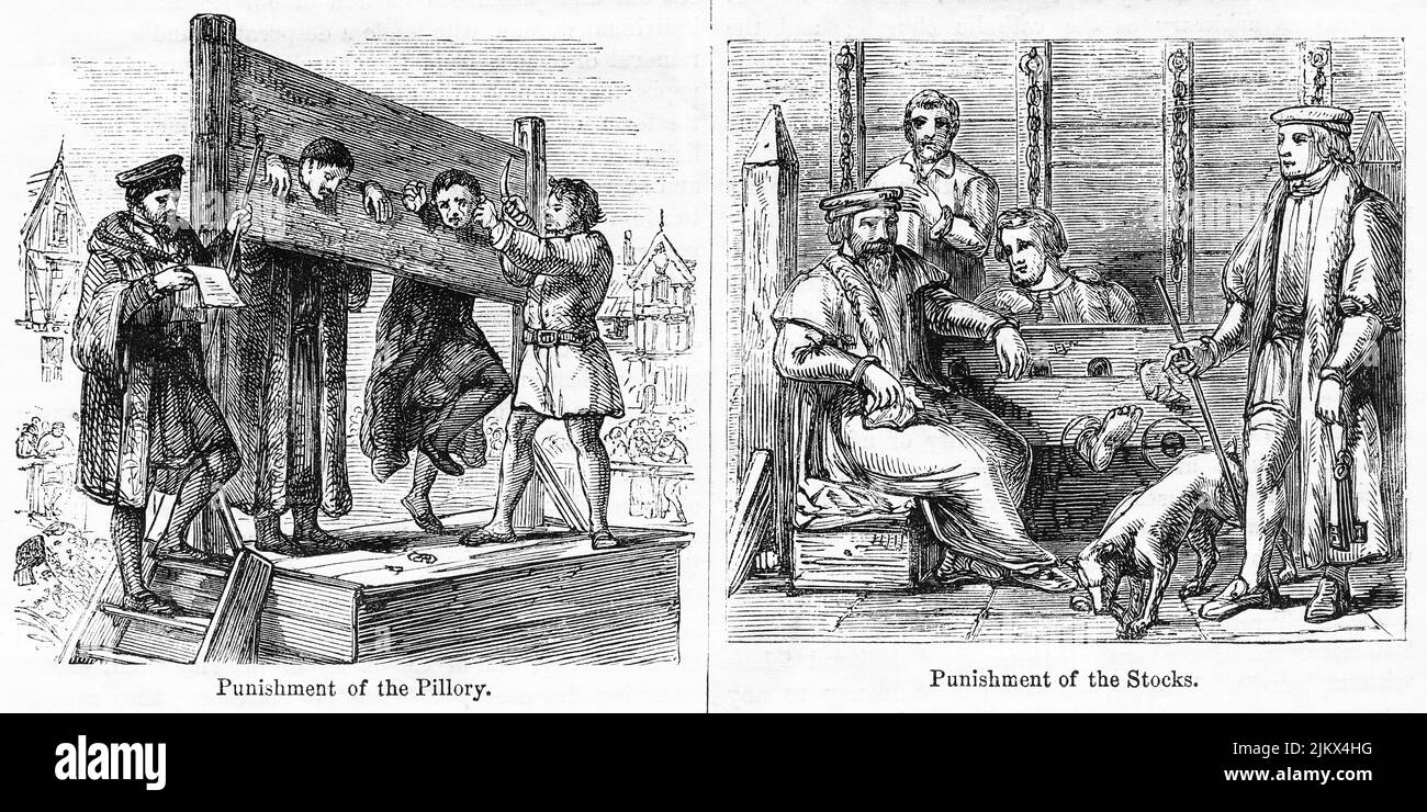 Punishment of Pillory, Punishment of the Stocks, Illustration from the Book, 'John Cassel’s Illustrated History of England, Volume II', text by William Howitt, Cassell, Petter, and Galpin, London, 1858 Stock Photo