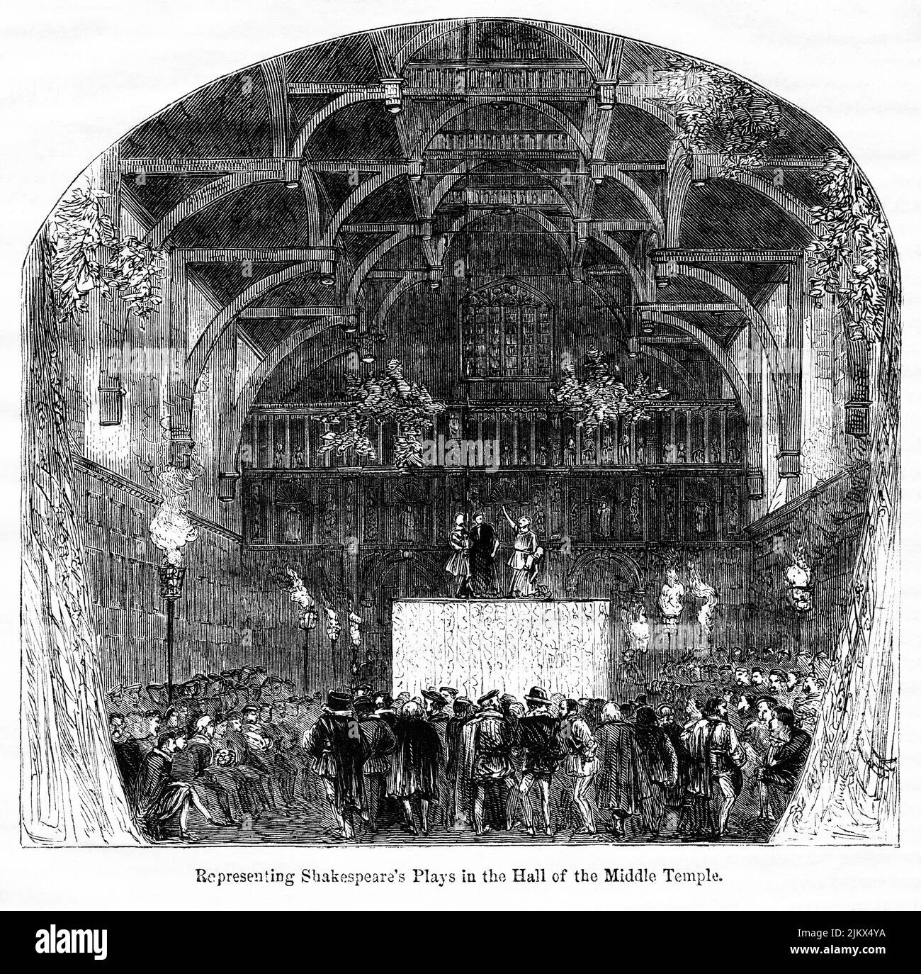 Representing Shakespeare’s Plays in the Hall of the Middle Temple, Illustration from the Book, 'John Cassel’s Illustrated History of England, Volume II', text by William Howitt, Cassell, Petter, and Galpin, London, 1858 Stock Photo