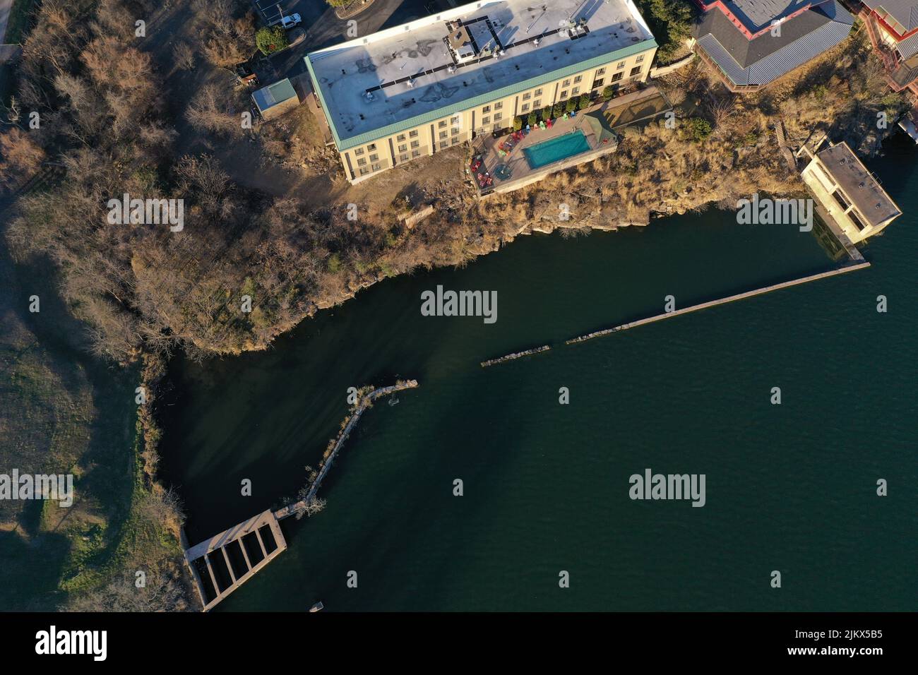 A high angle shot of the Colorado River in Downtown Marble Falls, USA