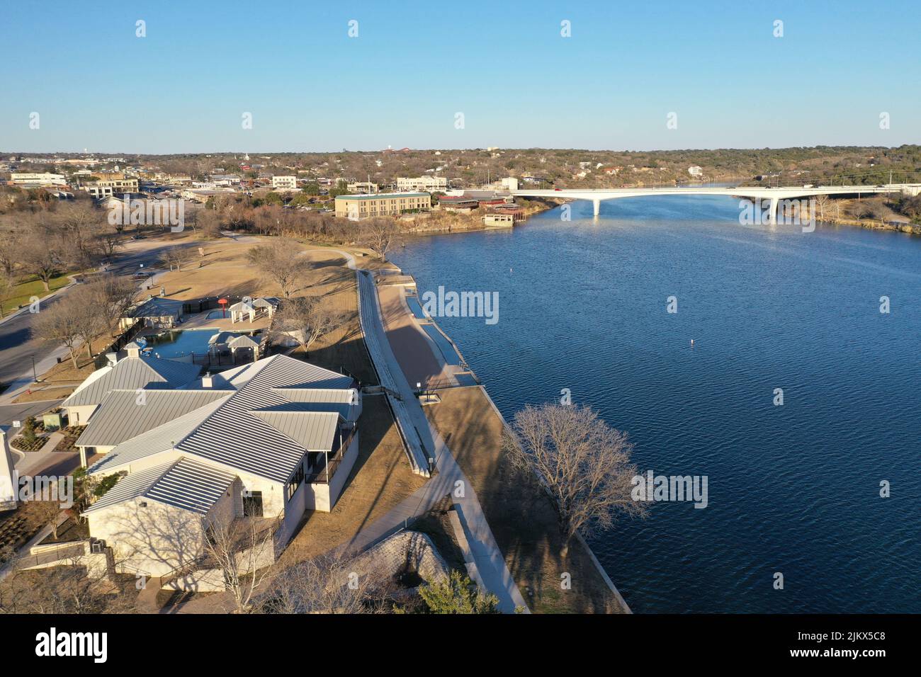 An aerial shot of the lake marble falls reservoir during the day in