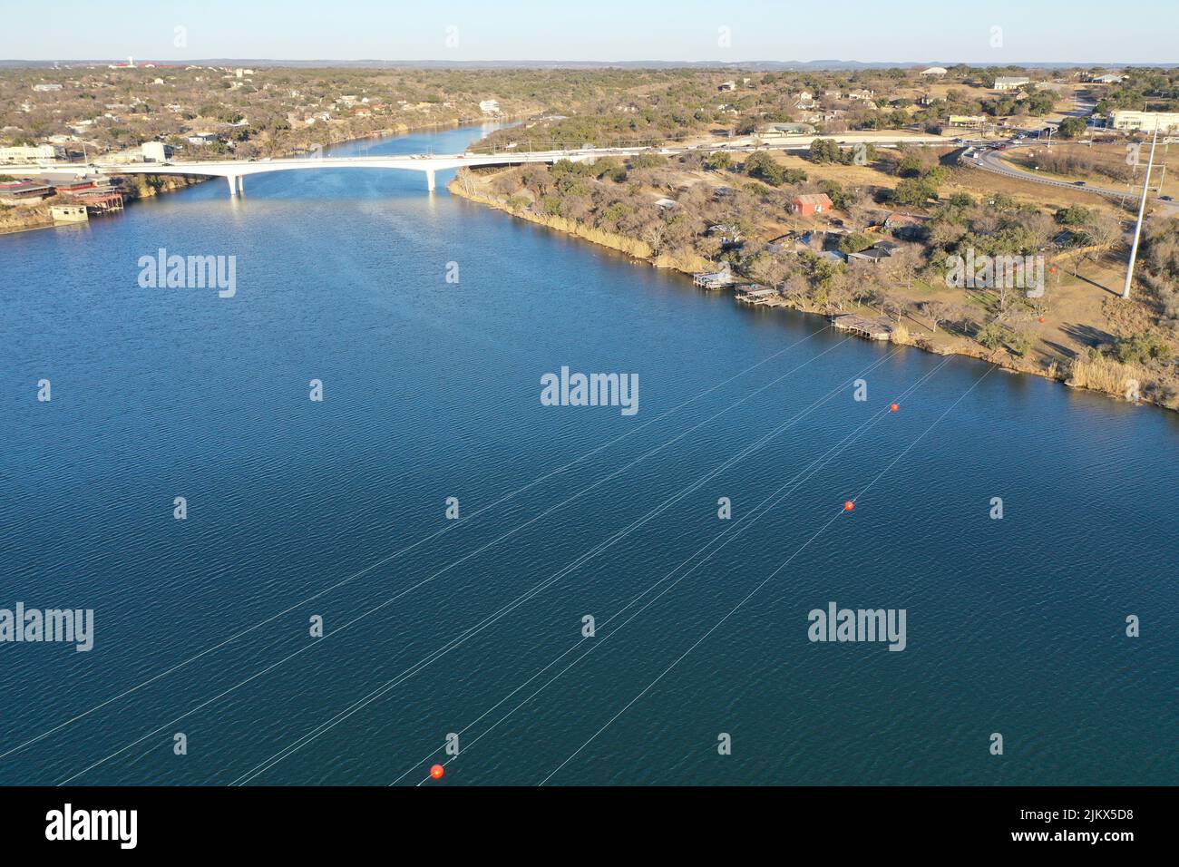An aerial shot of the lake marble falls reservoir during the day in
