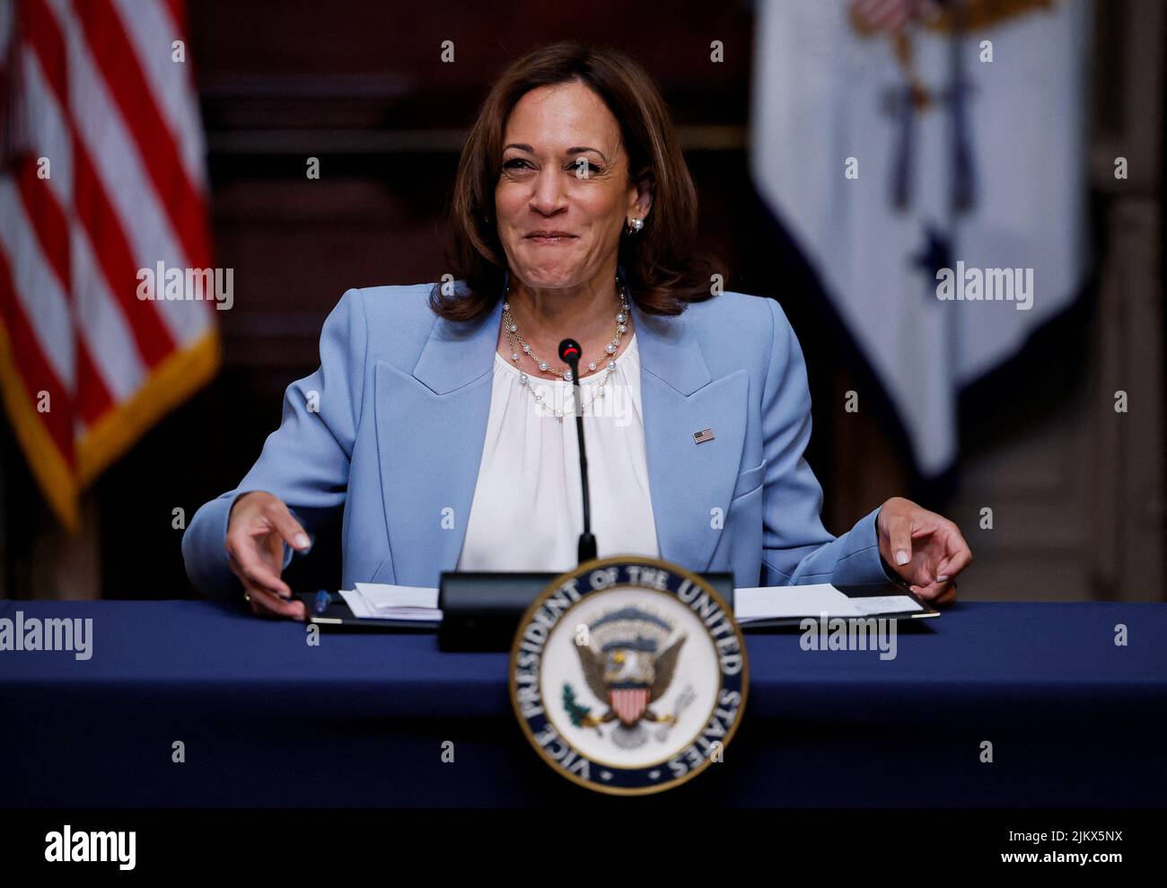 U.S. Vice President Kamala Harris reacts at a virtual event on securing access to reproductive and other health care services at the first meeting of the interagency Task Force on Reproductive Healthcare Access in the Indian Treaty Room in the Eisenhower Executive Office Building, in Washington, U.S., August 3, 2022. REUTERS/Evelyn Hockstein Stock Photo