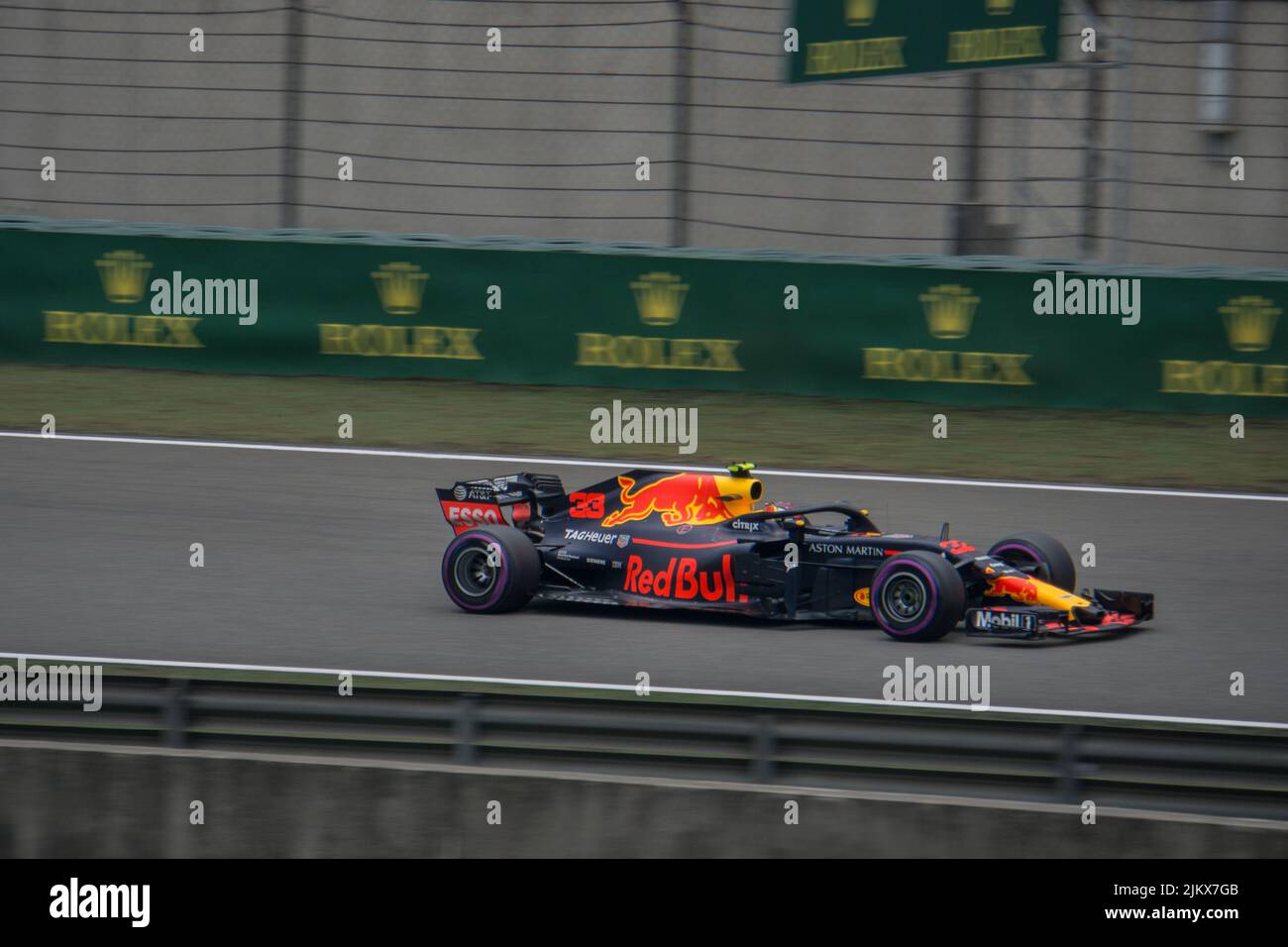 The 2018 Red Bull Racing F1 car in China between turns 15 and 16. The driver is Max Verstappen. Stock Photo