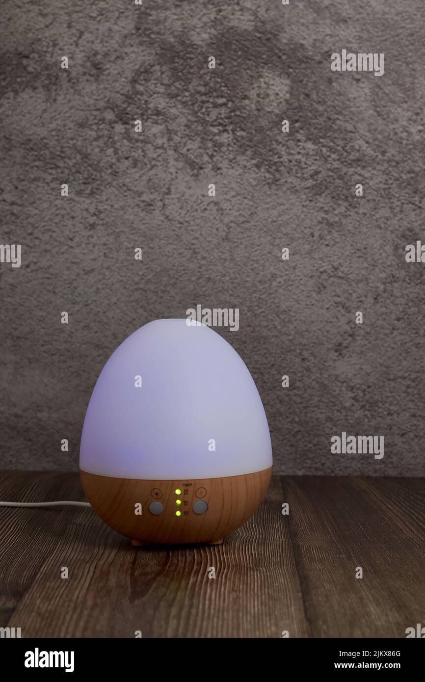 An egg-shaped humidifier on the wooden table against a wall Stock Photo