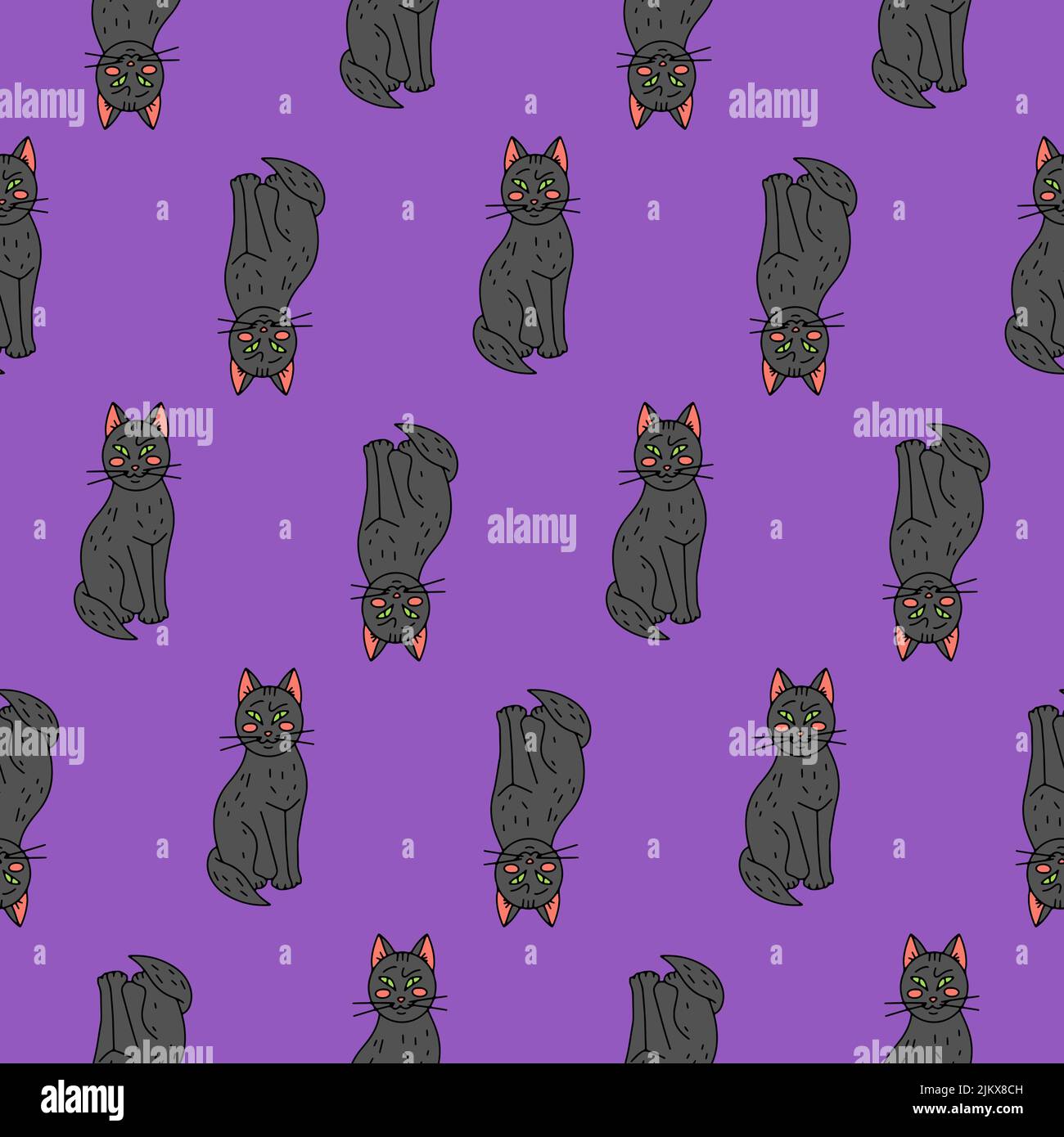 Halloween seamless pattern with cute cartoon black cats on purple ...