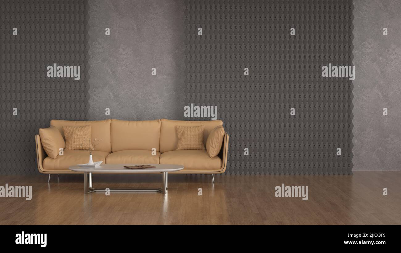A light brown sofa and a table in a room Stock Photo