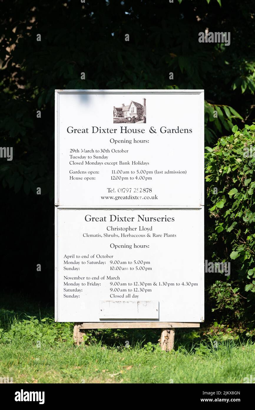 Great Dixter Garden - Great Dixter House, Gardens and Nursery sign, Northiam, Rye, East Sussex, England, UK Stock Photo