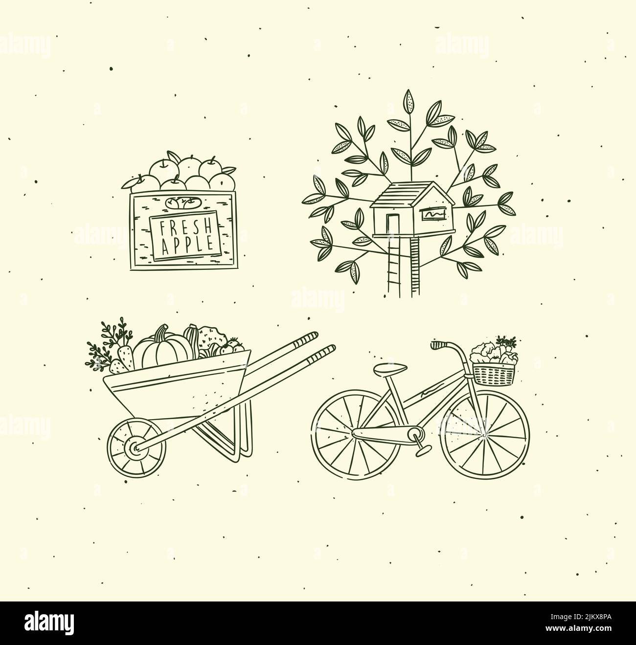 Village collection of icons apple crate, treehouse, vegetable cart, bicycle drawing in graphic style on beige background Stock Vector