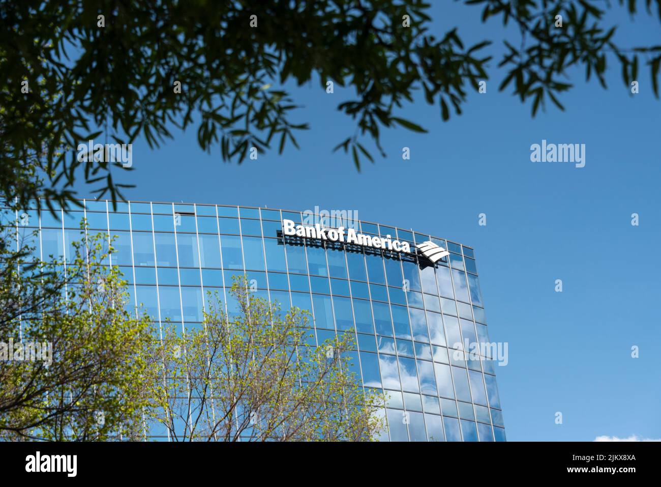 A view of the buildings with BANK of AMERICA signs on top, on blue sky background Stock Photo