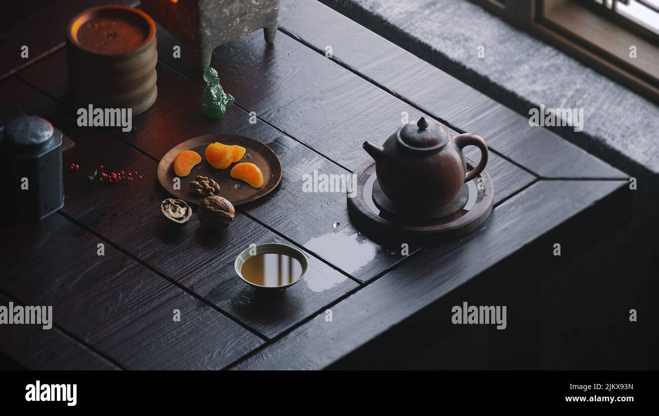 Chinese style Chinese tea set and table Stock Photo Alamy