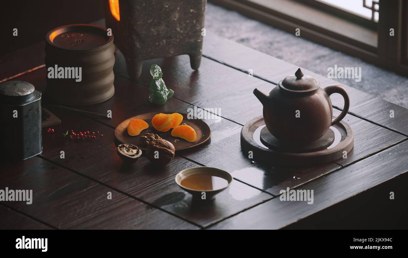 Chinese style Chinese tea set and table Stock Photo