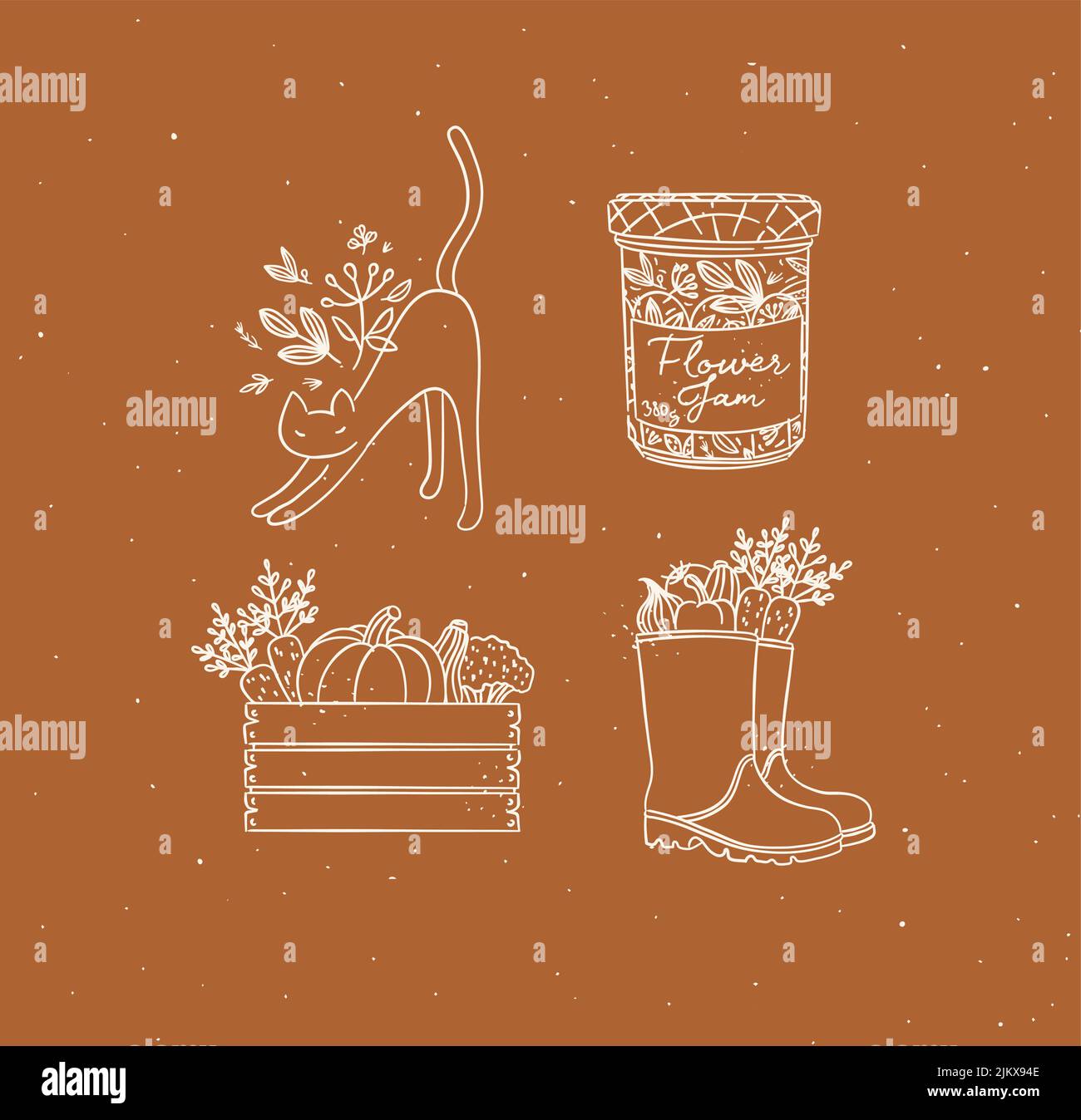 Village collection of icons vegetable box, boots, cat, jar of jam