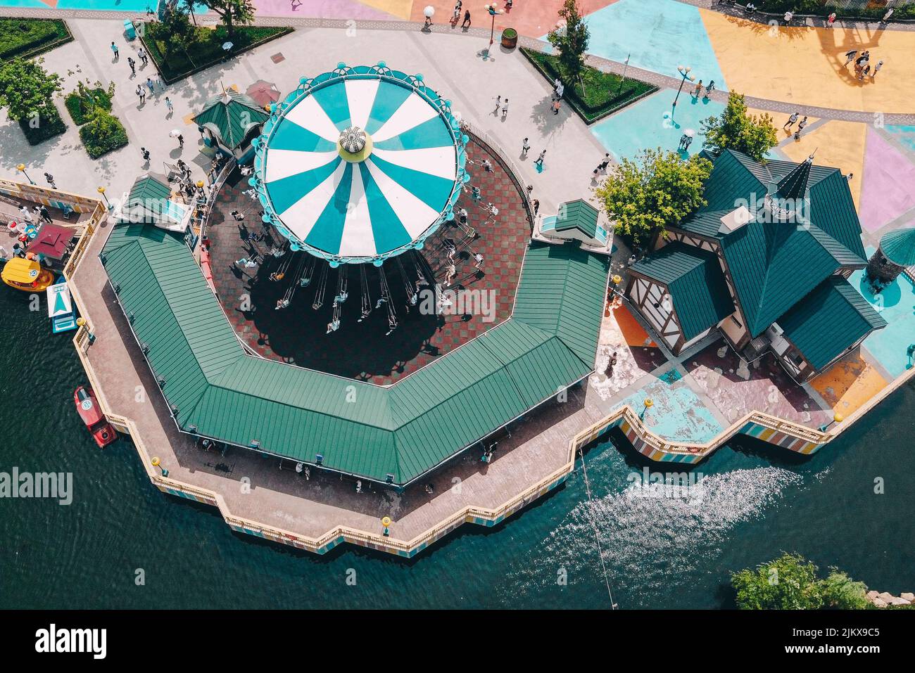 An aerial view of a roof of an attraction in a park Stock Photo