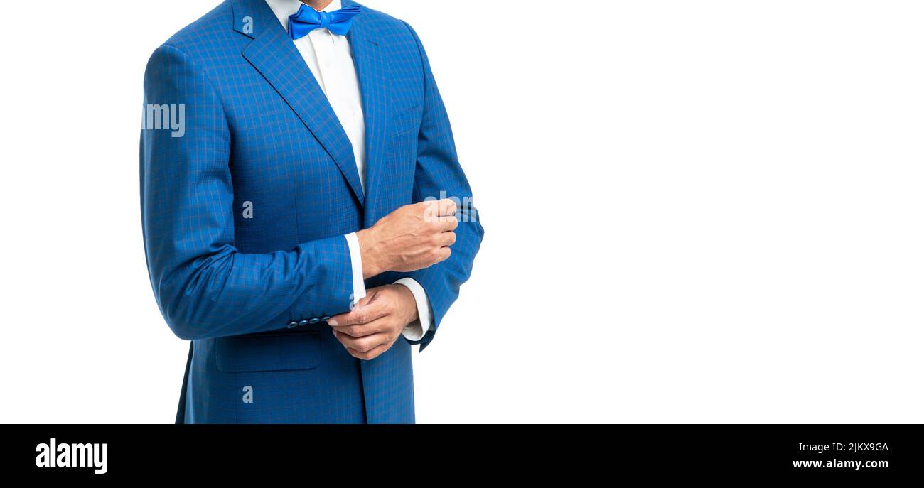 charismatic man bridegroom in blue rich tux bow isolated on white background Stock Photo