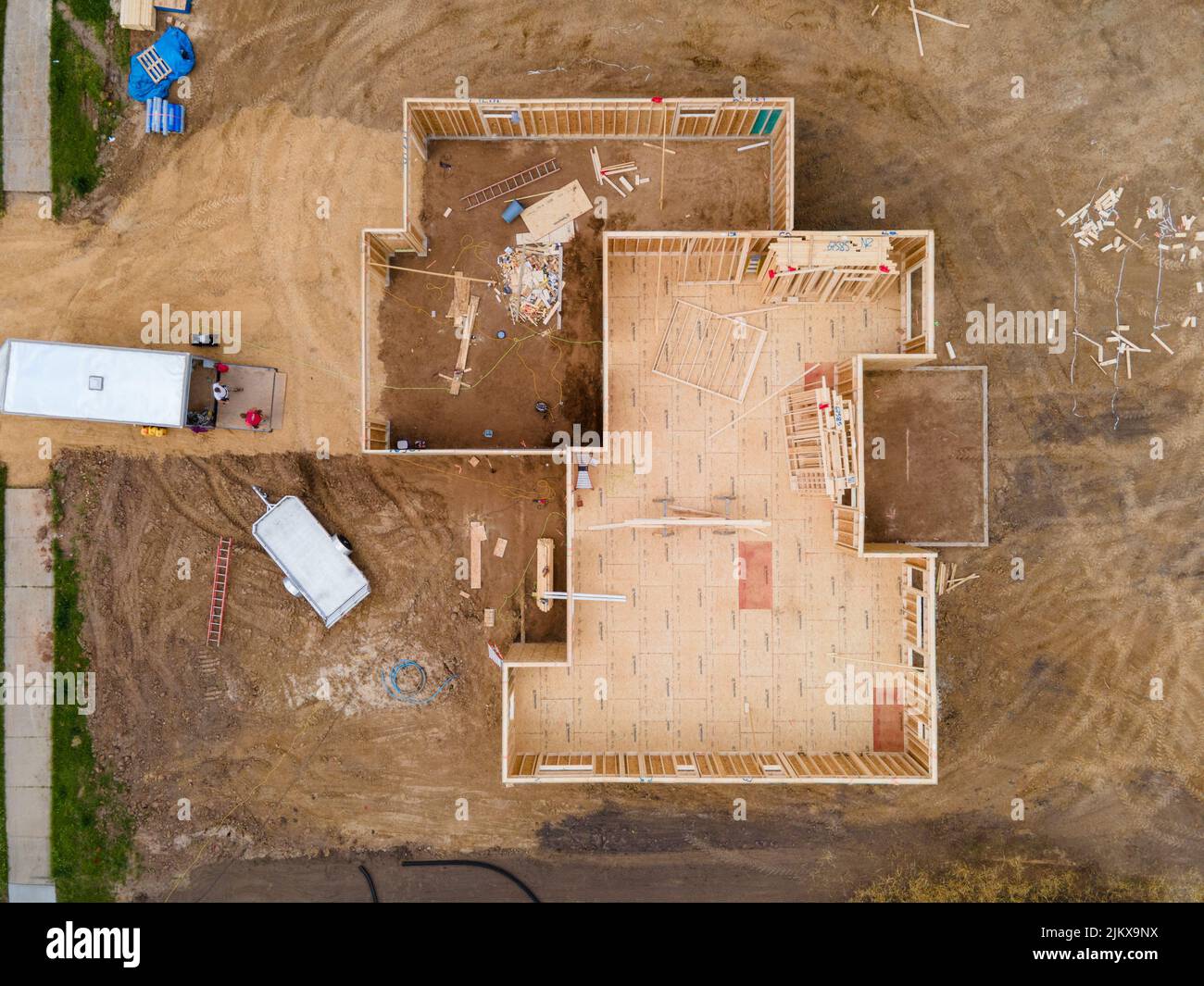 An aerial top view of a one-story house construction frame Stock Photo