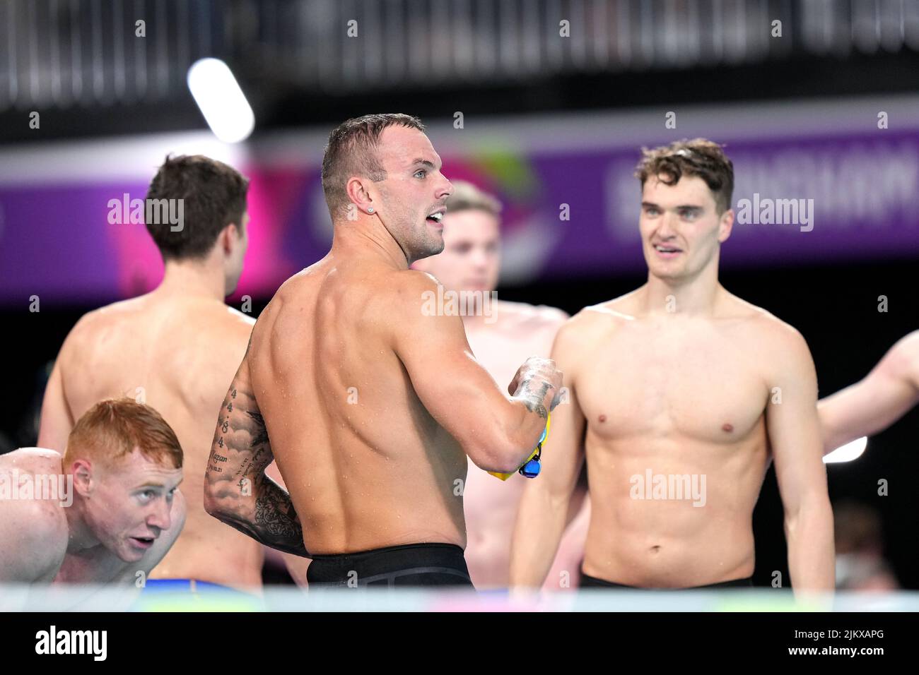 Australia's Kyle Chalmers (centre) and team-mates look frustrated after finishing second in the Men's 4 x 100m Medley Relay Final at the Sandwell Aquatics Centre on day six of the 2022 Commonwealth Games in Birmingham. Picture date: Wednesday August 3, 2022. Stock Photo