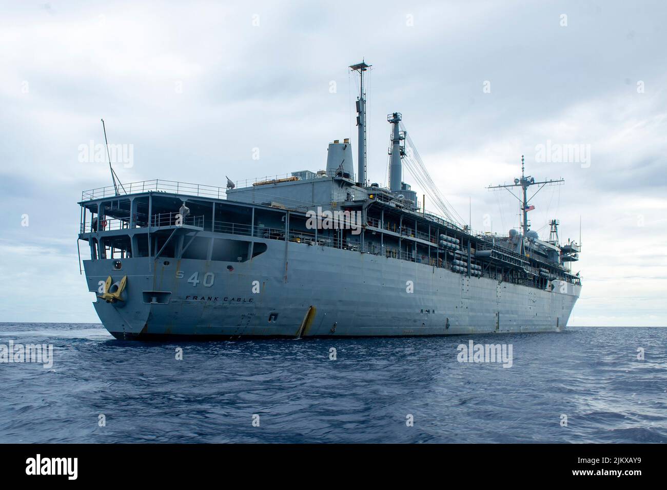 China Sea. 15th July, 2022. The Emory S. Land-class submarine tender USS Frank Cable (AS 40) transits the South China Sea, July 6, 2022. Frank Cable is currently on patrol conducting expeditionary maintenance and logistics in support of a free and open Indo-Pacific in the 7th Fleet area of operations. Credit: U.S. Navy/ZUMA Press Wire Service/ZUMAPRESS.com/Alamy Live News Stock Photo