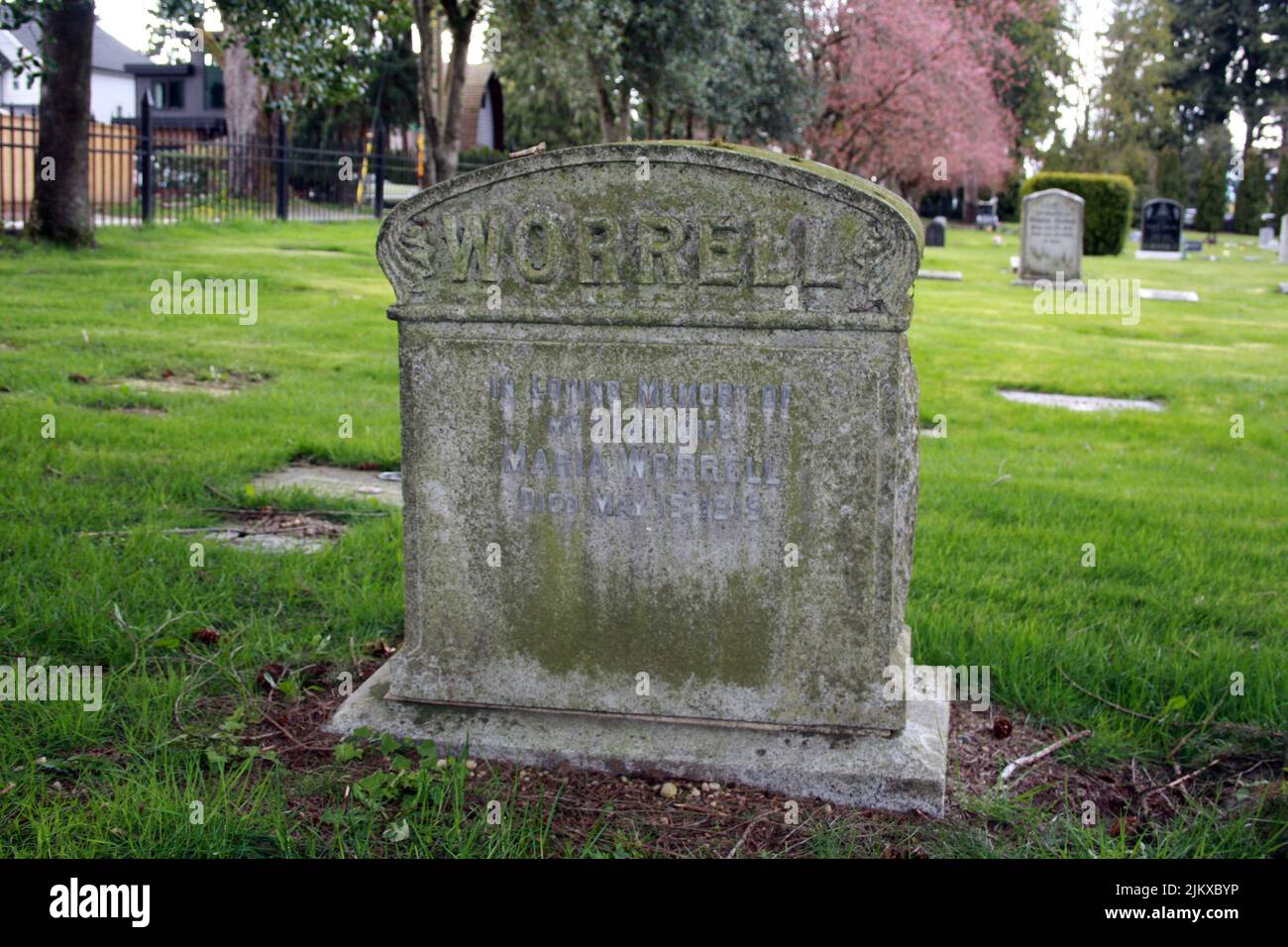 A closeup shot of Worrell Old tombstone in the graveyard in Langley cemetery, British Columbia, Canada Stock Photo