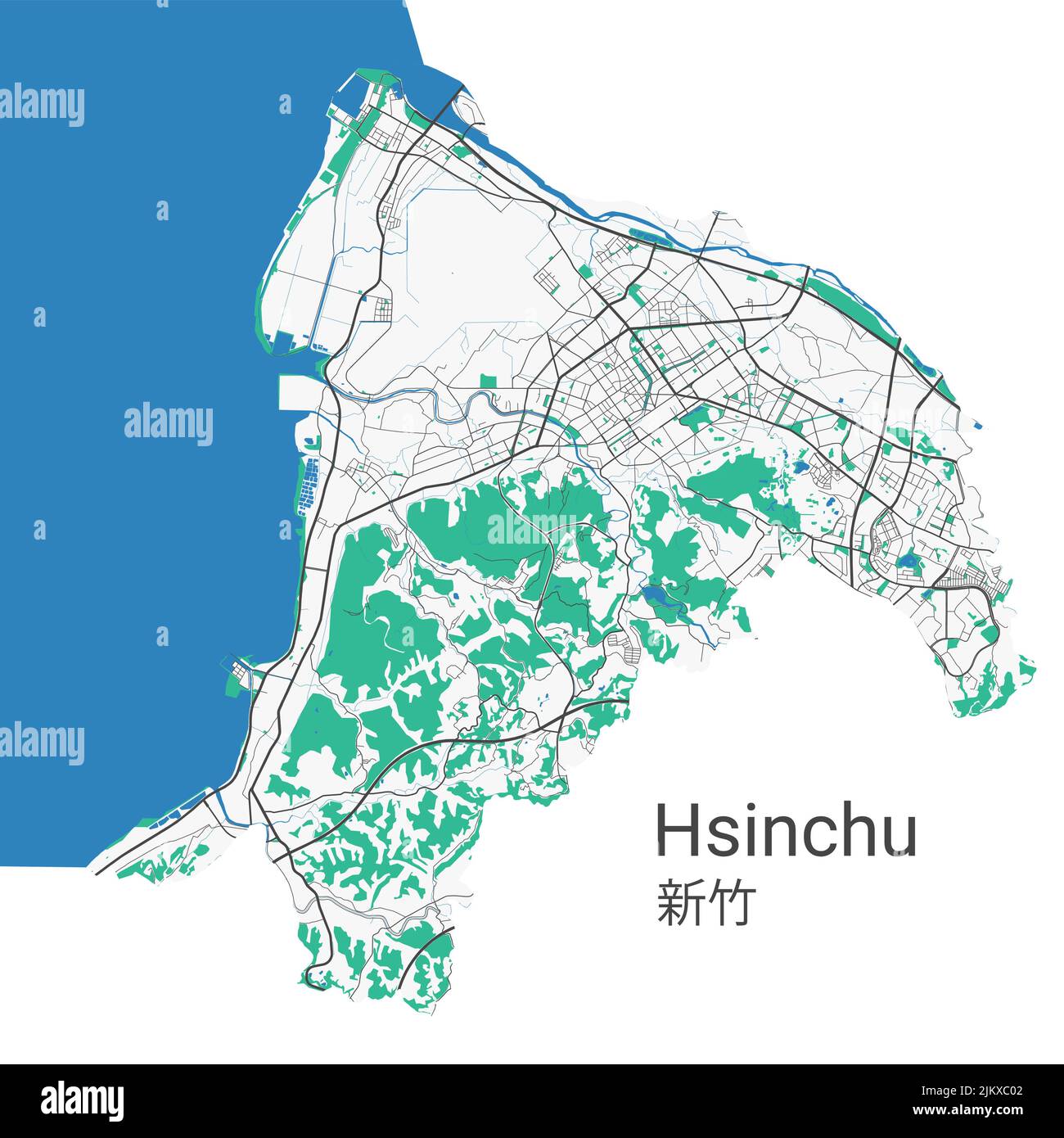 Hsinchu vector map. Detailed map of Hsinchu city administrative area. Cityscape panorama. Royalty free vector illustration. Road map with highways, ri Stock Vector