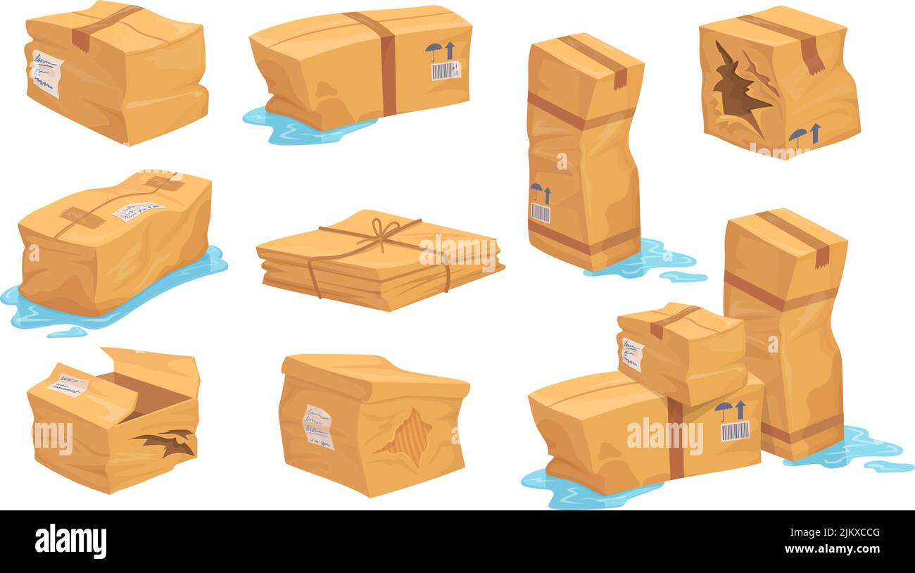 Damaged cardboard boxes. Damage package box, crumpled broken torn container delivery fail bad packaging wet goods from rain parcel breakage cargo set neat vector illustration of box and cardboard Stock Vector