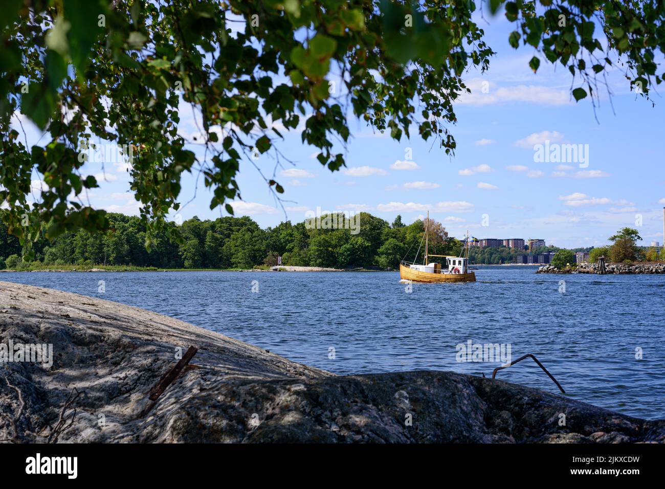 Stockholm, Malaren lake, boat on lake. Stock Photo